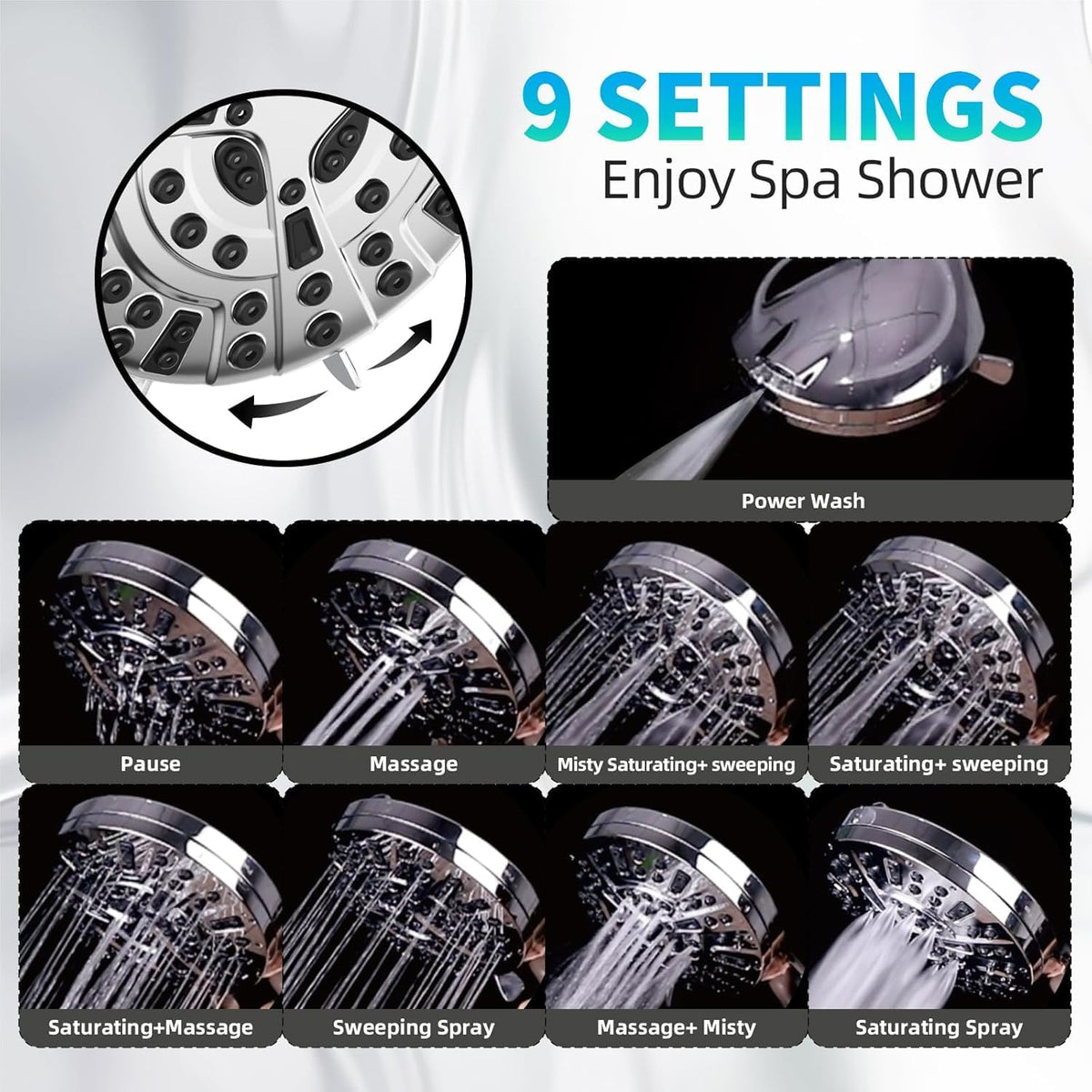 BESAQUO 9 Functions High Pressure Handheld Shower Head with Power Wash
