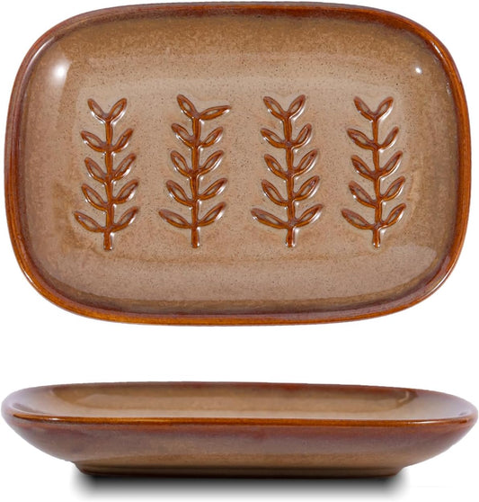 HighHerz Aesthetic Ceramic Soap Dish for Shower, Soap Holder with Raised Relief, Shower Soap Dish for Shampoo Bar Or Sponge, Soap Saver for Bathroom, Kitchen, Sink, Decorative Soap Tray (Brown)