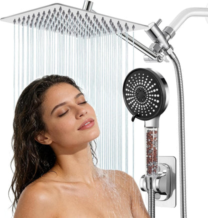 Shower Head, Rain Shower Head with Handheld Spray Combo, 10 Inch Adjustable High Pressure Rainfall Shower Head, Dual Showerhead Set with Extension Arm and 60 Inch Long Shower Hose (Silver)