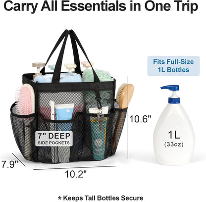 Mesh Shower Caddy Portable - 8 Pockets, S-Hook, Shower Bag for Dorm Camping