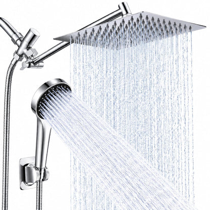 Shower Head, Rain Shower Head with Handheld Spray Combo, 10 Inch Adjustable High Pressure Rainfall Shower Head, Dual Showerhead Set with Extension Arm and 60 Inch Long Shower Hose (Silver)