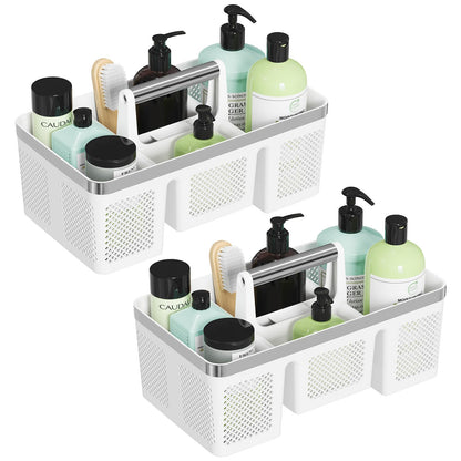 BYUNER Plastic Shower Caddy Dorm: Portable Cleaning & Shower Caddy with Handle, 4 Divided Compartments, All-Side Drainage, Rigid Plastic Basket Tote for College Dorm & Bathroom Use, Black/Silver