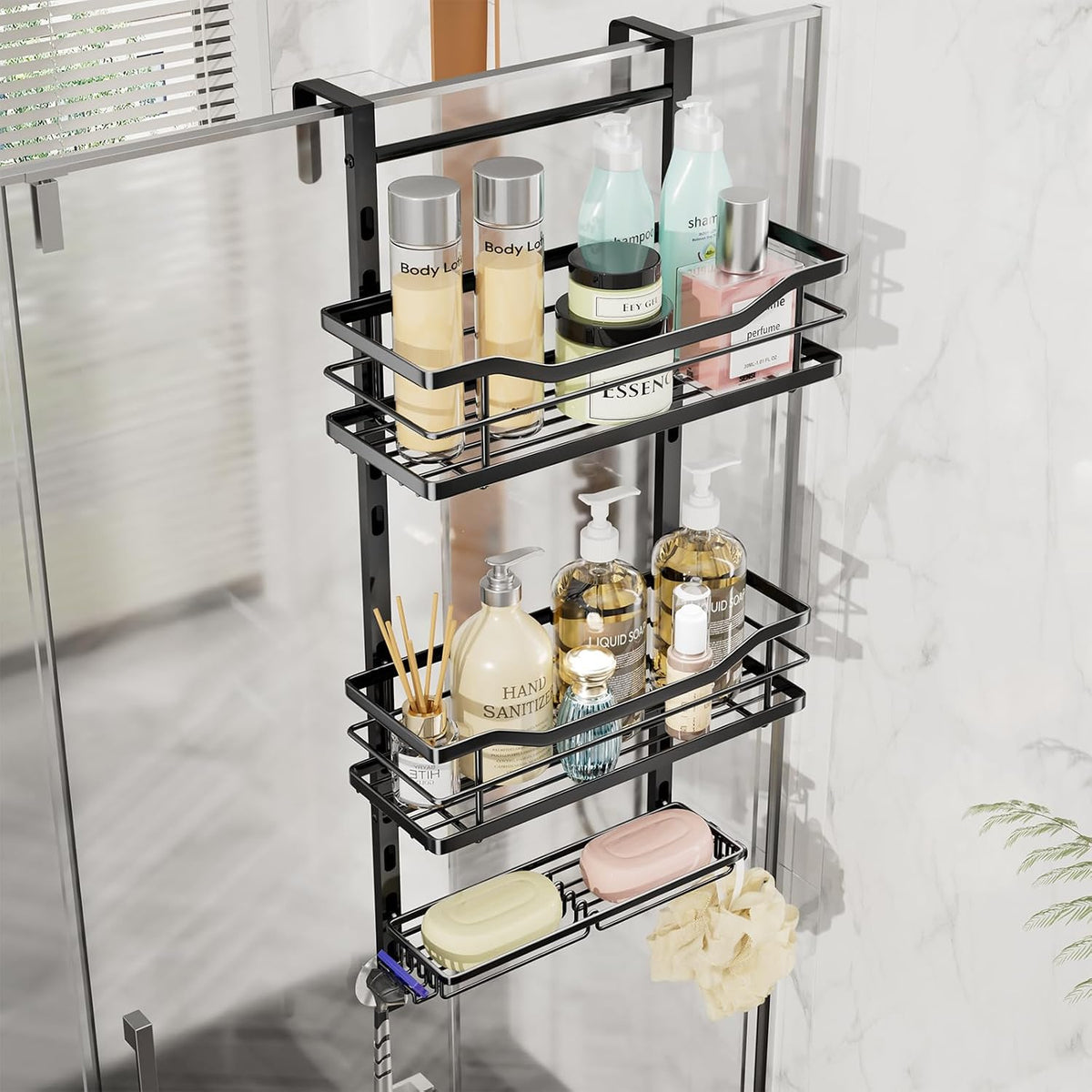 SWTYMIKI Over the Door Shower Caddy - 3 Tier Adjustable Shower Organizer Hanging with Soap Holder, No Drilling Stainless Steel Bathroom Rack Hanging for Body Wash, Shampoo, Soap, Razor, Black