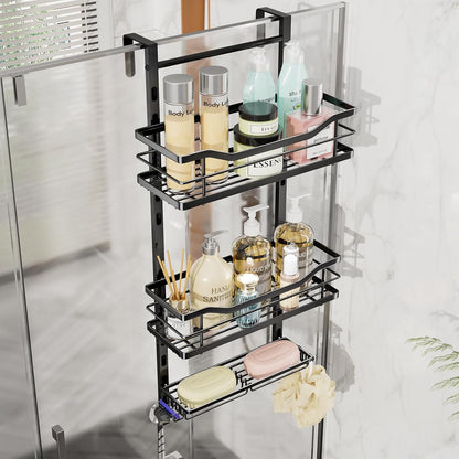 SWTYMIKI Over the Door Shower Caddy - 3 Tier Adjustable Shower Organizer Hanging with Soap Holder, No Drilling Stainless Steel Bathroom Rack Hanging for Body Wash, Shampoo, Soap, Razor, Black