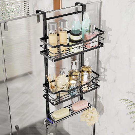 SWTYMIKI Over the Door Shower Caddy - 3 Tier Adjustable Shower Organizer Hanging with Soap Holder, No Drilling Stainless Steel Bathroom Rack Hanging for Body Wash, Shampoo, Soap, Razor, Black