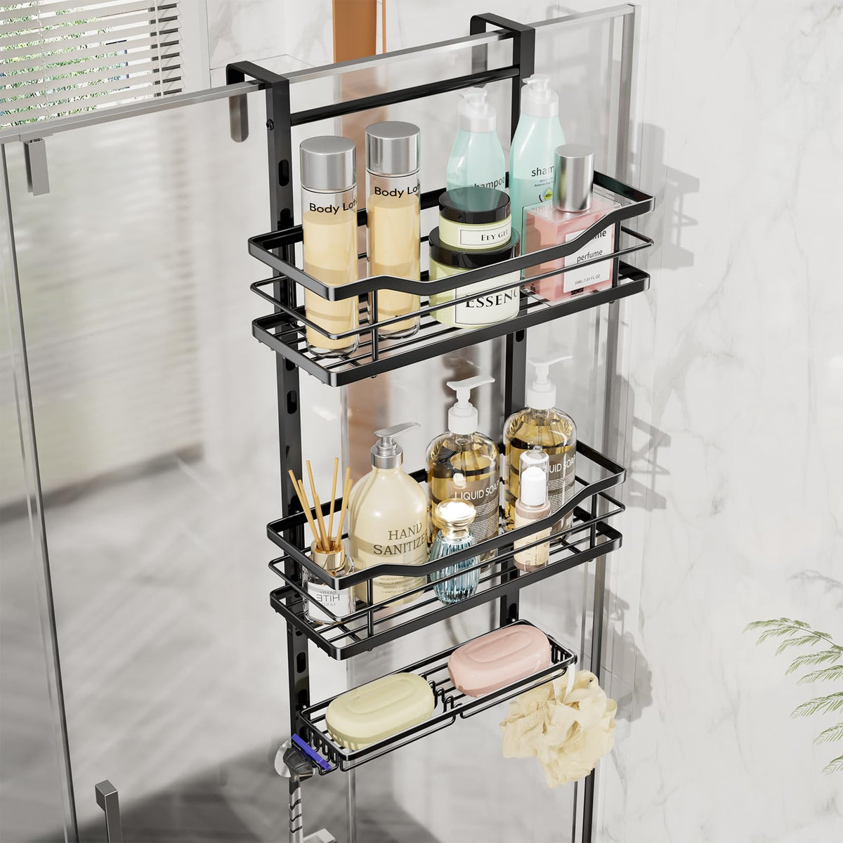 SWTYMIKI Over the Door Shower Caddy - 3 Tier Adjustable Shower Organizer Hanging with Soap Holder, No Drilling Stainless Steel Bathroom Rack Hanging for Body Wash, Shampoo, Soap, Razor, Black
