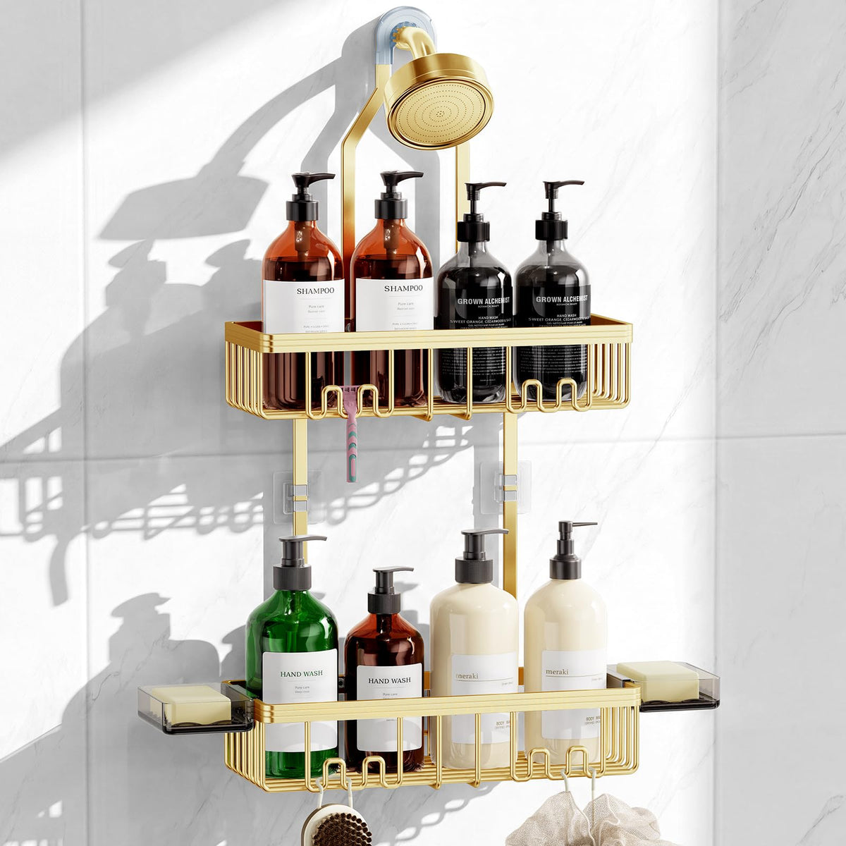 Shower Caddy Hanging, Never Rust Shower Organizer Hanging, Aluminum Shower Racks for Inside Shower with Hooks for Razor, Bathroom Organizers and Storage with Soap Holder, Bright Silver