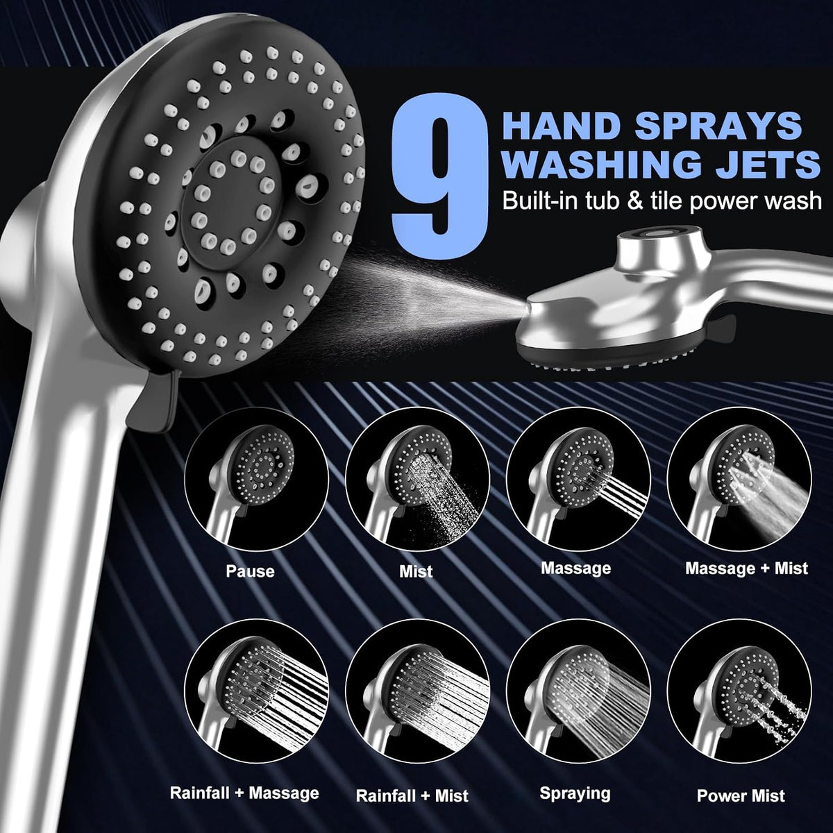 12 Inch High Pressure Rain Shower Head Combo,9 Settings Shower Handheld
