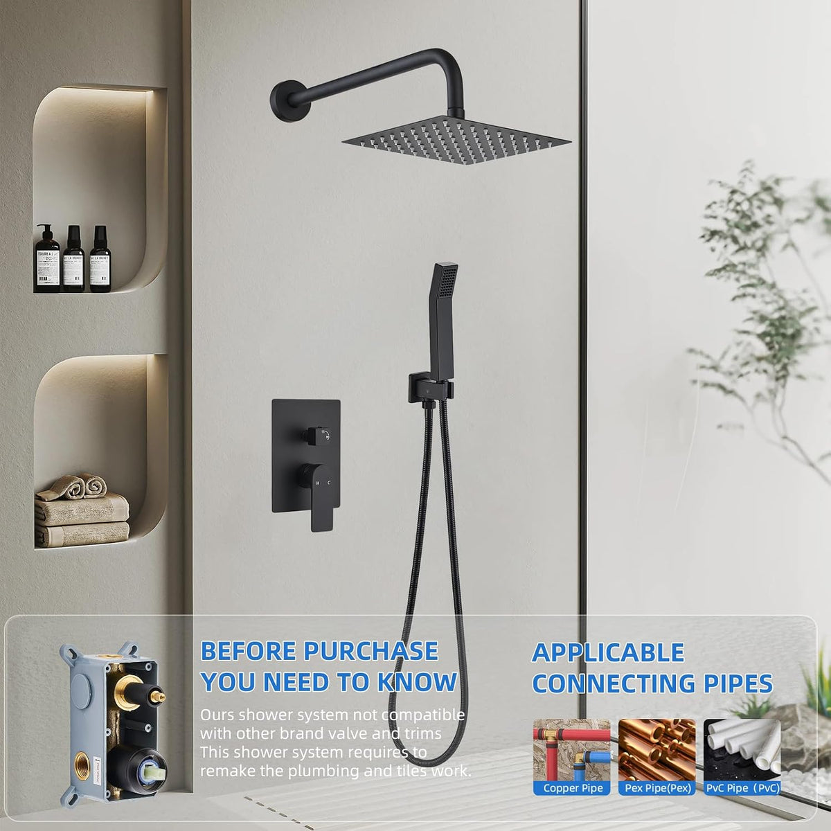 Shower Faucet Set With 8" Shower Head And Handheld Black