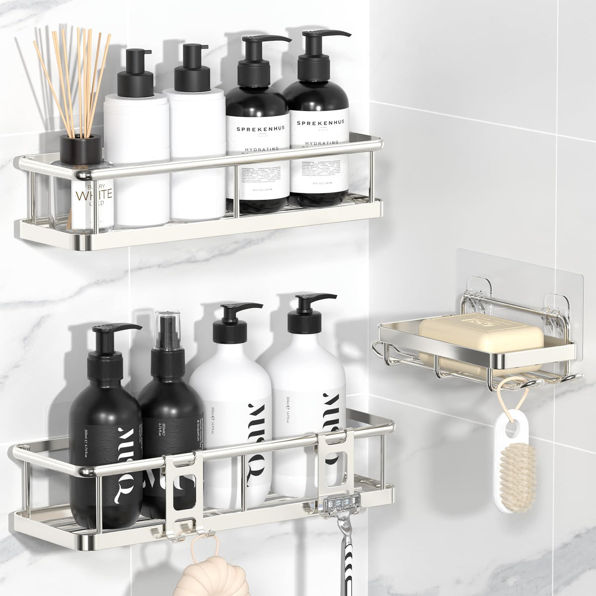 YASONIC Shower Caddy Adhesive, Rustproof Shower Organizer, Large Capacity Shower Shelves for Inside Shower, No Drilling Bathroom Organizers and Storage for Home Decor （2 Pack Silver）