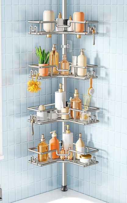 HAMITOR Corner Shower Shelves, 4-Tier Metal Tension Pole Caddy, Silver Gray