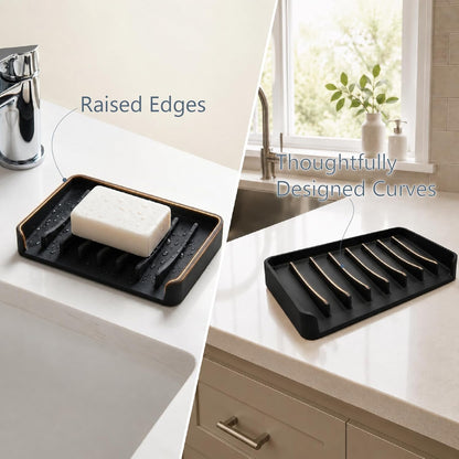Bathway Silicone Soap Dishes for Shower, Self-Draining Bar Soap Holder Non-Slip Sink Organizer Tray for Sink, Bathroom & Kitchen, Keeps Bar Soap Dry& Dishwasher Safe, Black & Black (2 Pack)