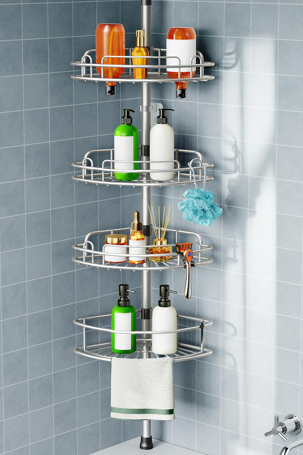 HAMITOR Shower Caddy Tension Pole: 4 Tier Corner Bathroom Organizer
