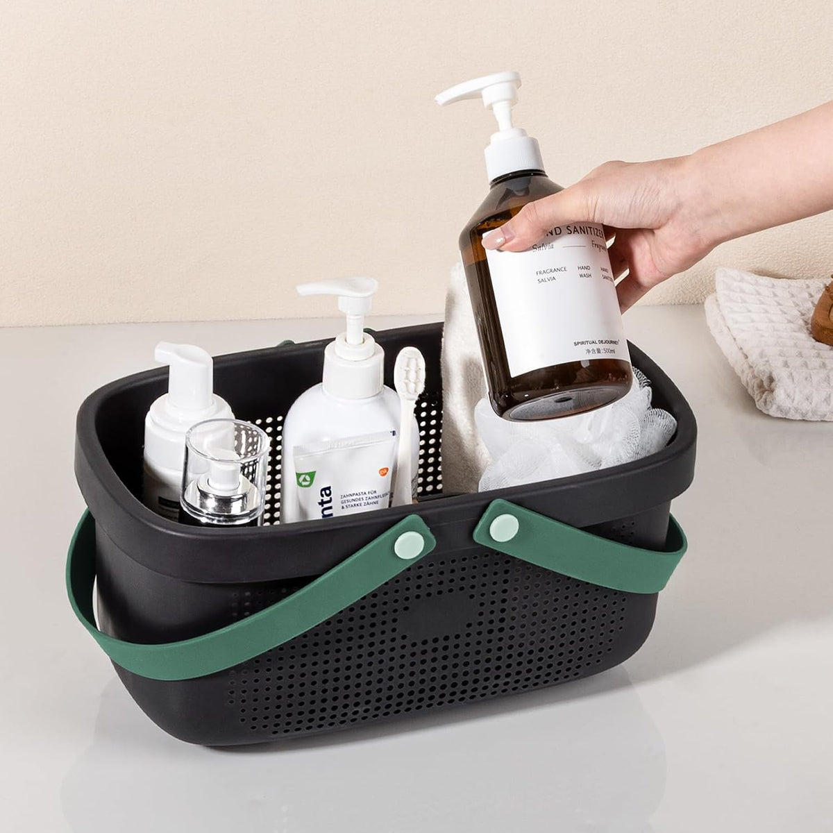 Portable Shower Caddy Basket with Handle Plastic Storage Basket Black Green