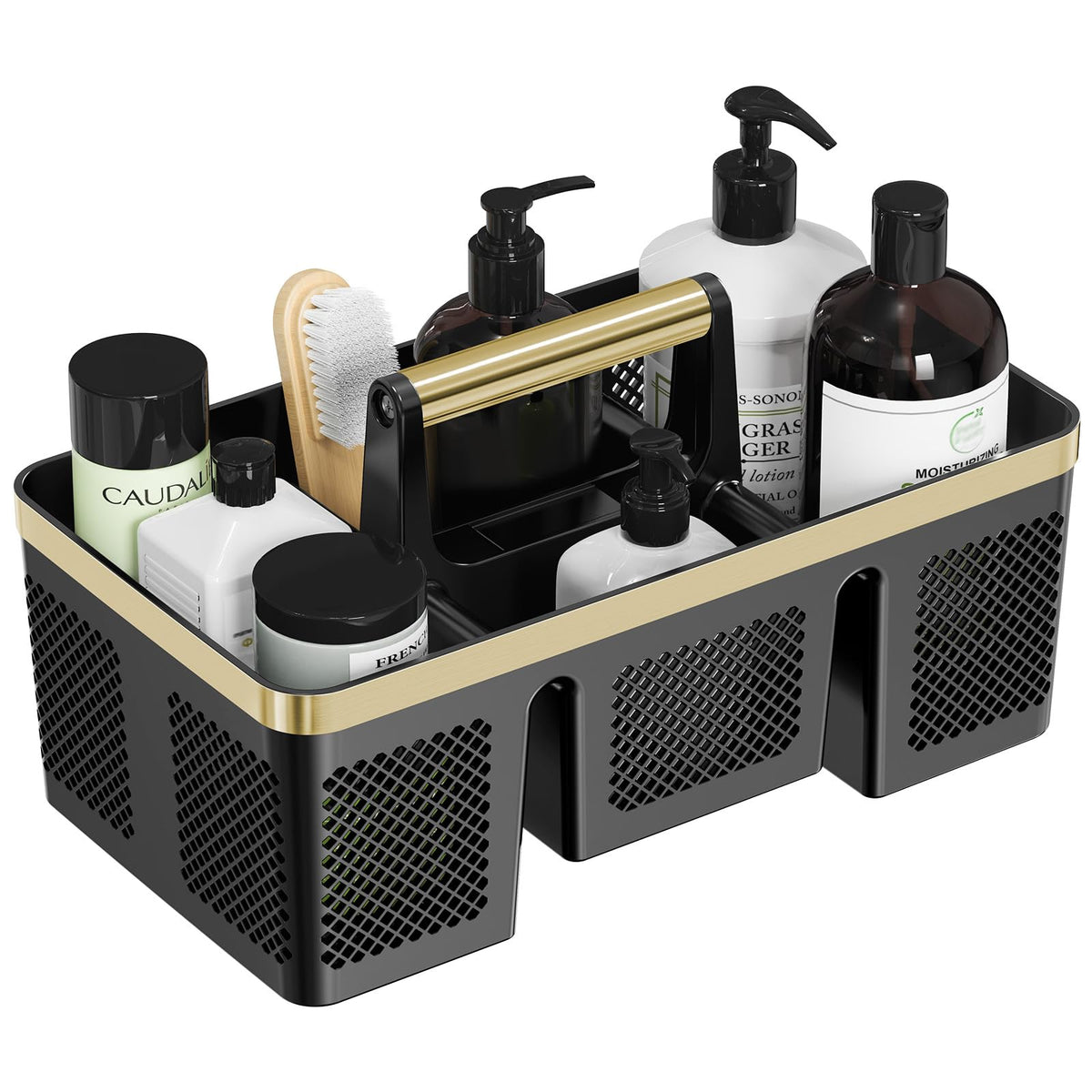 BYUNER Plastic Shower Caddy Dorm: Portable Cleaning & Shower Caddy with Handle, 4 Divided Compartments, All-Side Drainage, Rigid Plastic Basket Tote for College Dorm & Bathroom Use, Black/Silver