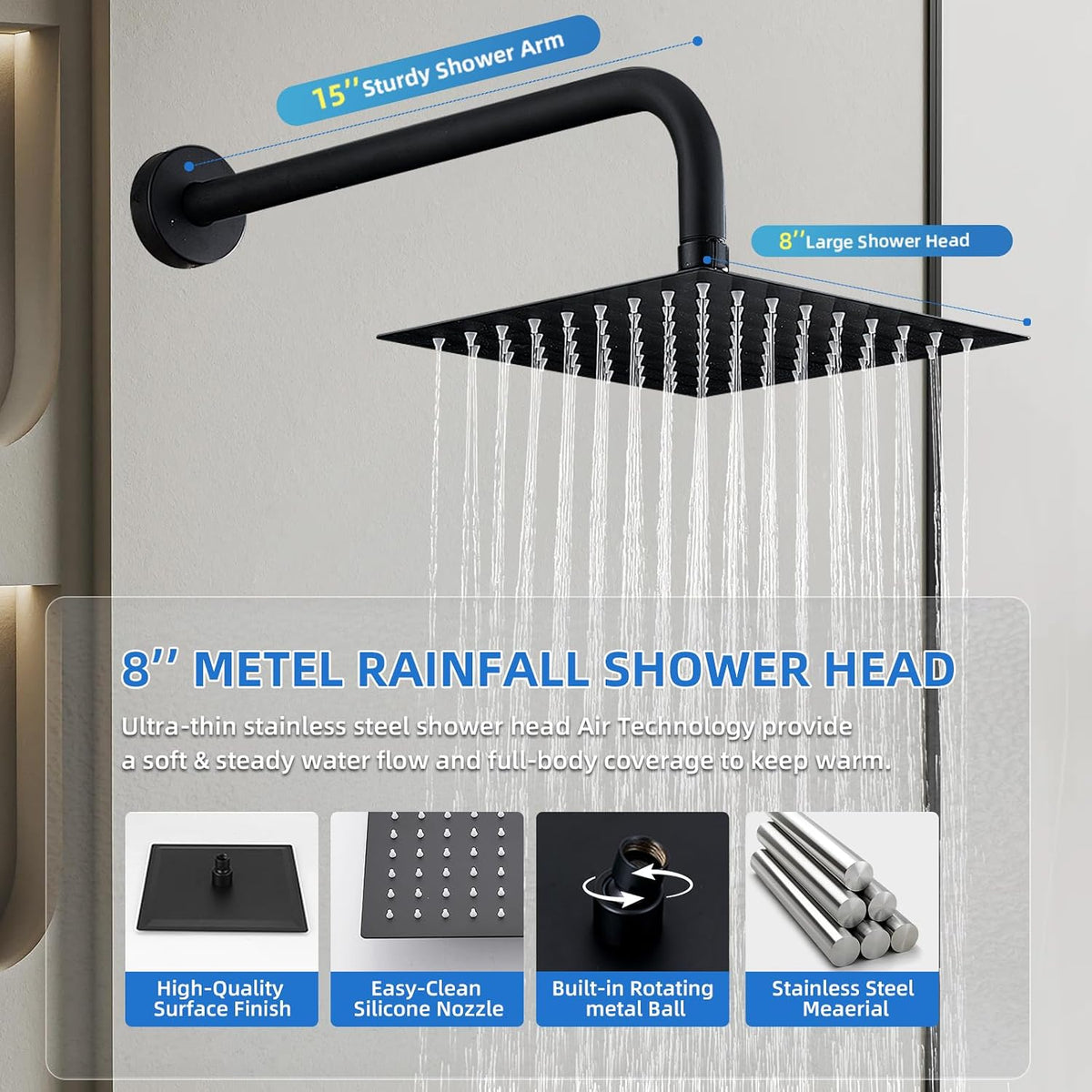 Shower Faucet Set With 8" Shower Head And Handheld Black
