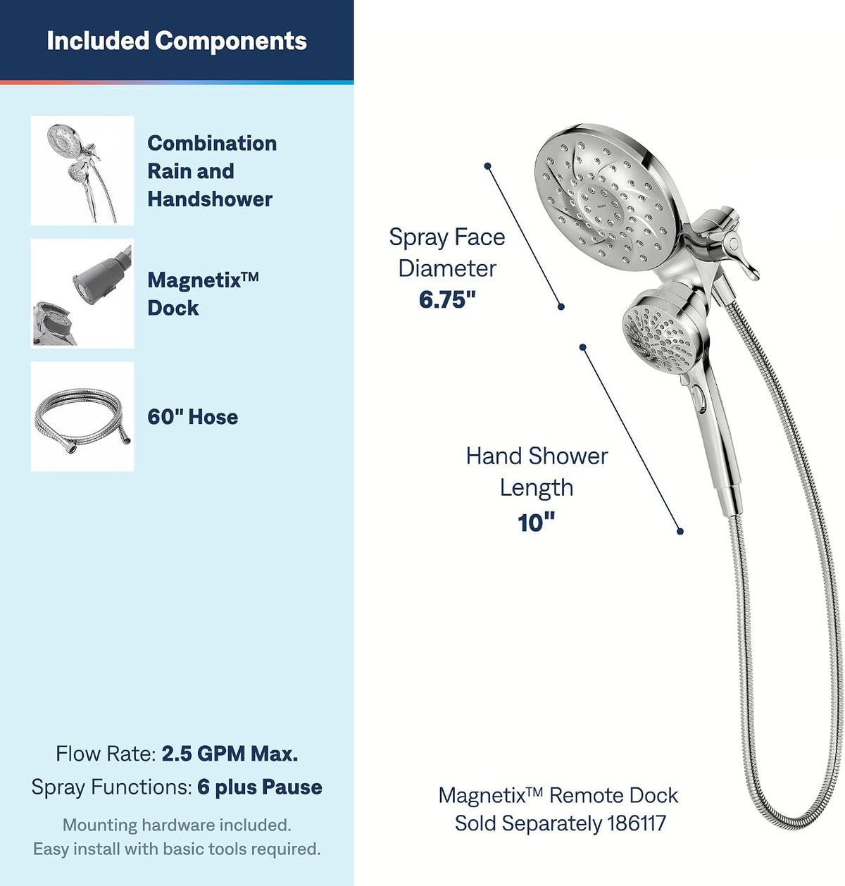 Moen 26009 Engage Magnetix Chrome 2-in-1 Rain Shower Head & Handshower