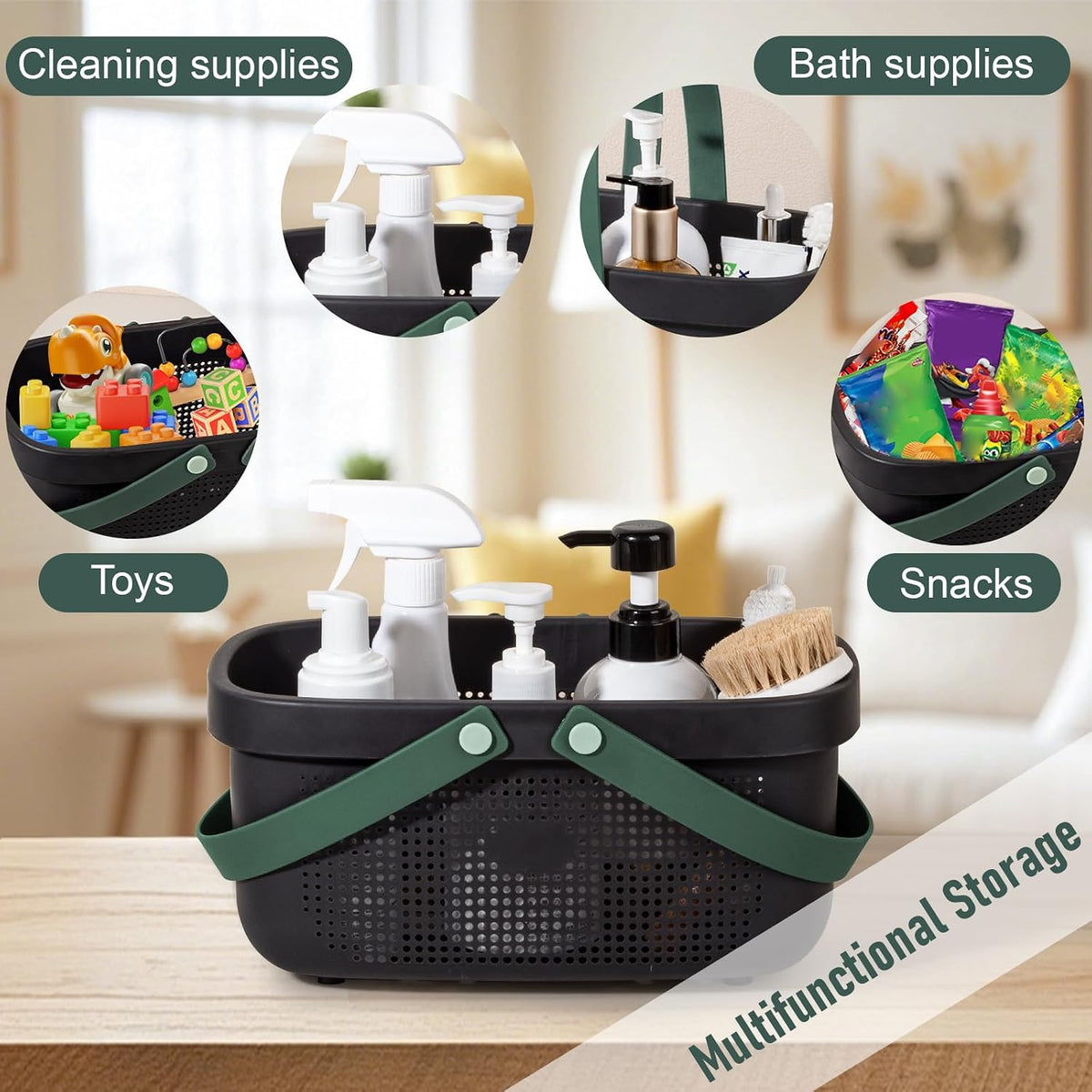 Portable Shower Caddy Basket with Handle Plastic Storage Basket Black Green