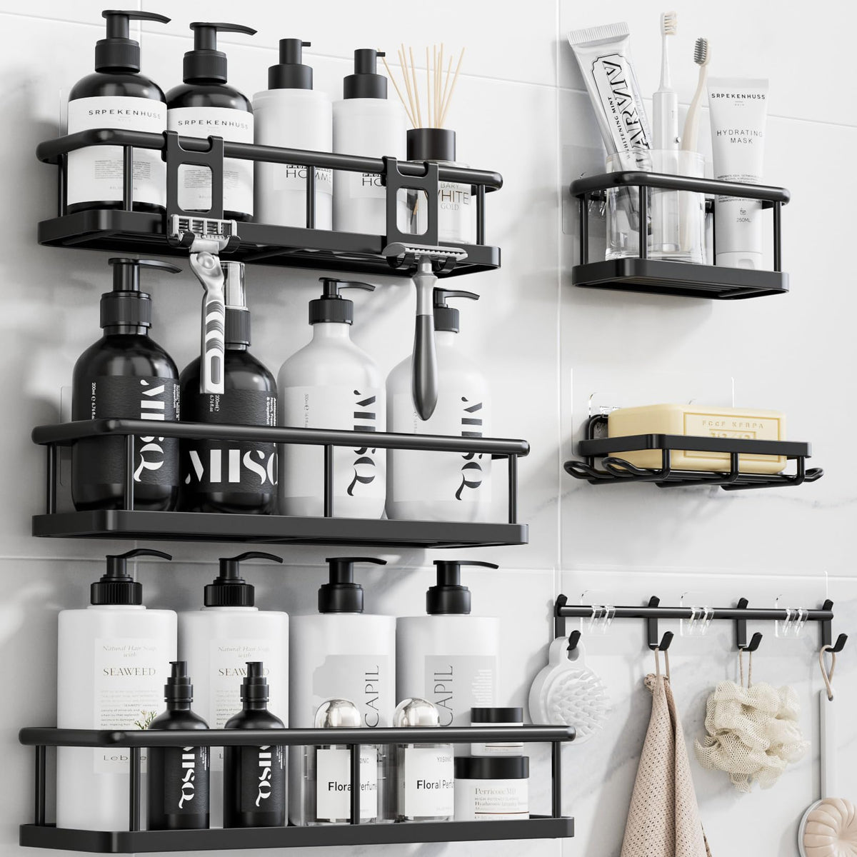 YASONIC Shower Caddy Adhesive, Rustproof Shower Organizer with Soap Holder, Large Capacity Shower Shelves for Inside Shower, No Drilling Bathroom Organizers and Storage for Home Decor 6 Pack Black