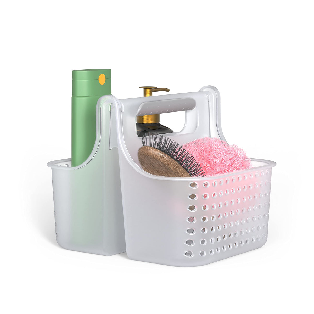 Brookstone Modern Large Portable Shower Caddy with Soft Silicone Carrying Handle, Bathroom Organizer Basket, Plastic Bath Tote and Shower Organizer, Quick Dry Drainage Holes, BPA Free, Blush