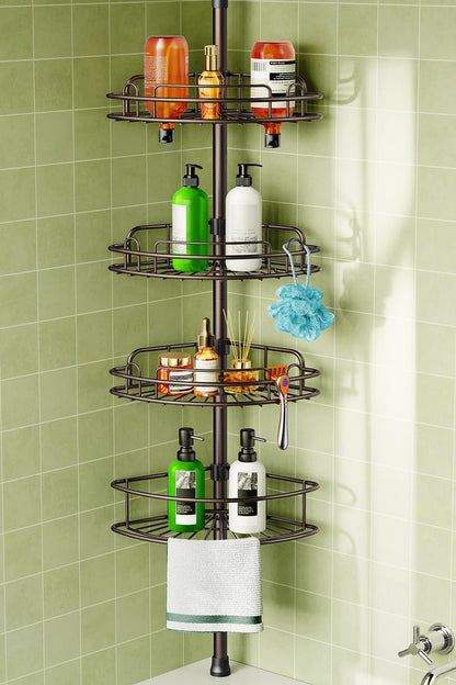 HAMITOR Corner Shower Caddy Tension Pole 4 Tier Rustproof Shampoo Organizer