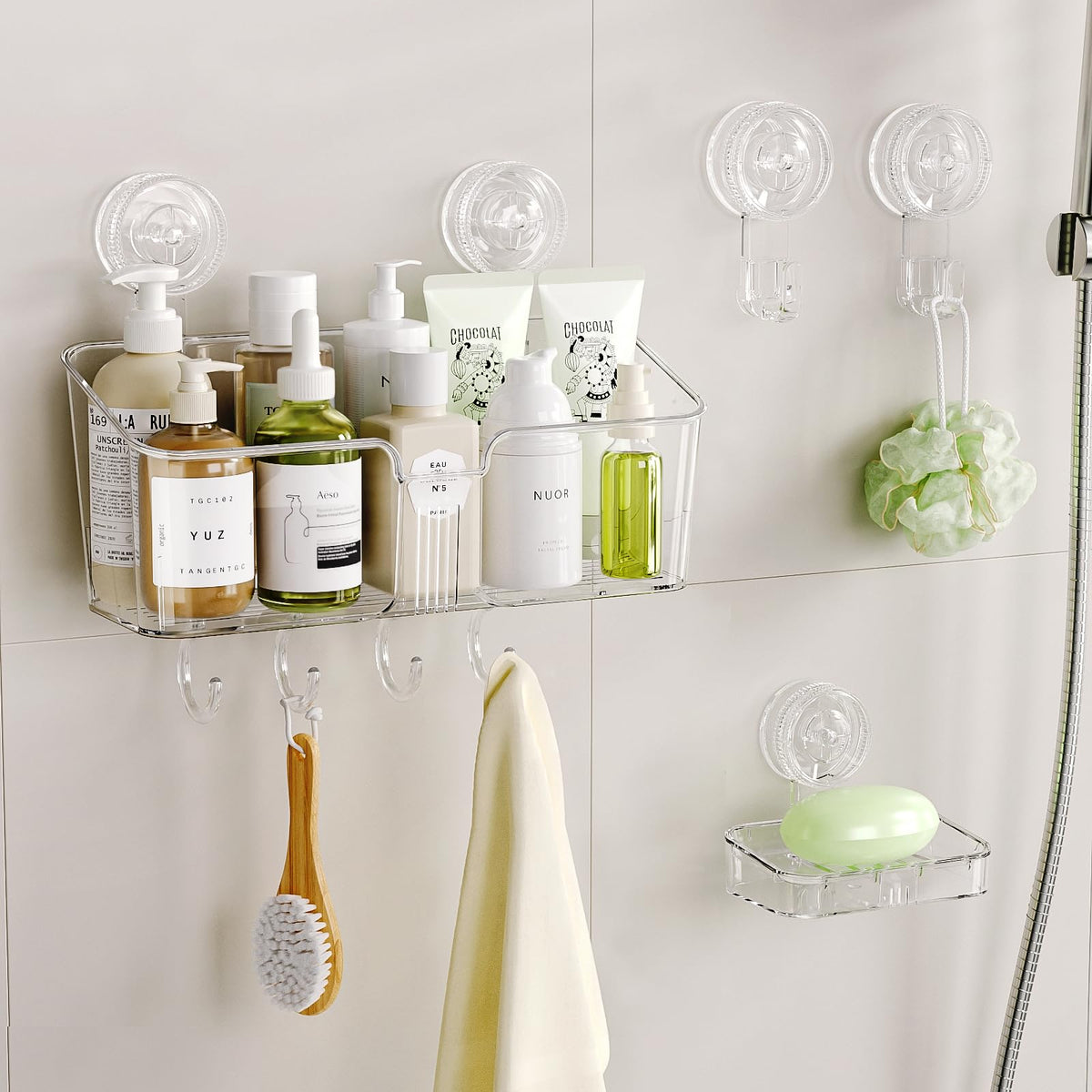 LUXEAR 4 Pack Shower Caddy Set - Suction Cup Shower Shelf+Soap Dish+Hooks - 1 Sec Installation NO-Drill Removable Powerful Waterproof Organizer for Bathroom/Kitchen/RV 22LBS Capacity Removable
