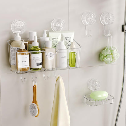 LUXEAR 4 Pack Shower Caddy Set - Suction Cup Shower Shelf+Soap Dish+Hooks - 1 Sec Installation NO-Drill Removable Powerful Waterproof Organizer for Bathroom/Kitchen/RV 22LBS Capacity Removable