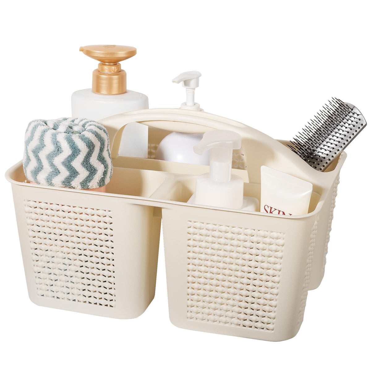 Plastic Portable Shower Caddy Basket with Handle, 3 Compartments, Grey