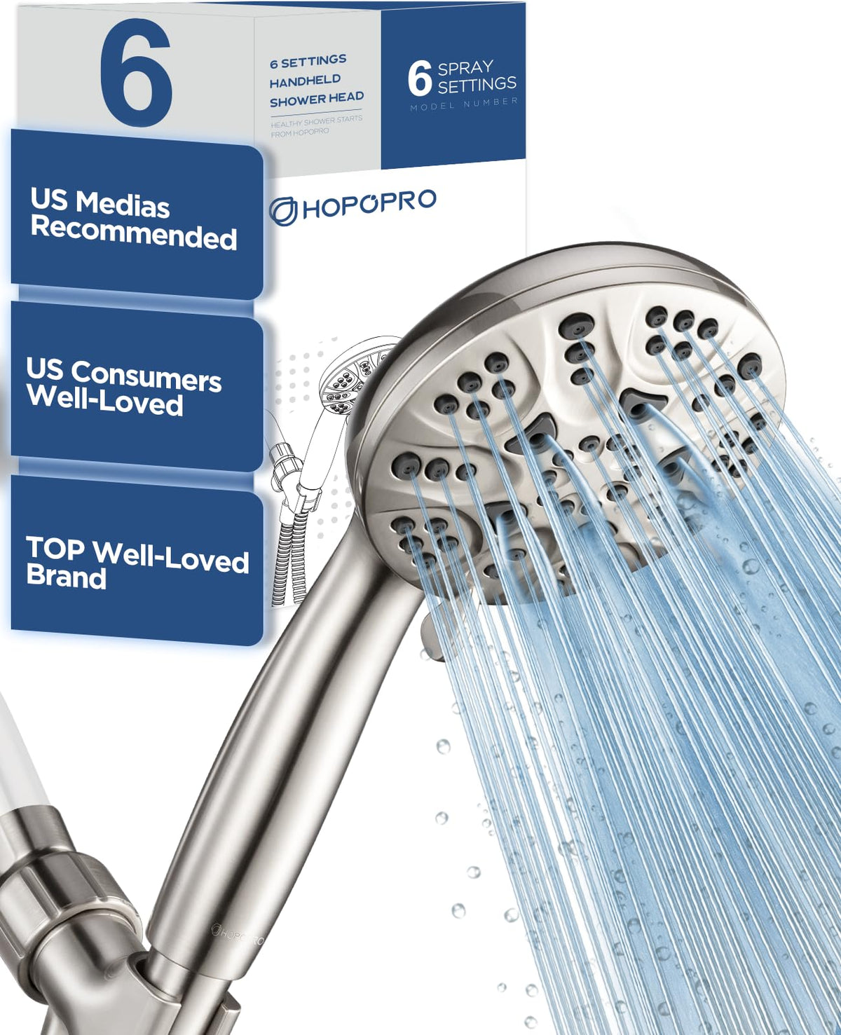 HOPOPRO 7-Setting Handheld Shower Head with Built-in Power Wash, Polished ABS Chrome, 71-Inch Stainless Steel Hose, 360 Rotatable Brass Overhead Bracket, Anti-Leakage Teflon Tape