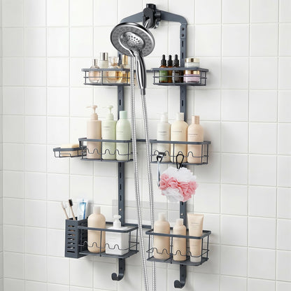 Extra Large Shower Caddy Hanging, Rust-Resistant Shower Organizer Hanging, 3 Tier Height-Adjustable Over the Head Caddy, Rack with Soap Basket (Black)