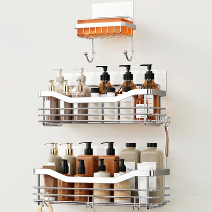 Orimade Shower Caddy Basket Shelf,3-Pack Adhesive Shower Organizer with Soap Dish Holder, No Drilling Wall Mounted Rustproof Stainless Steel Shower Shelves with 7 Hooks,for Bathroom