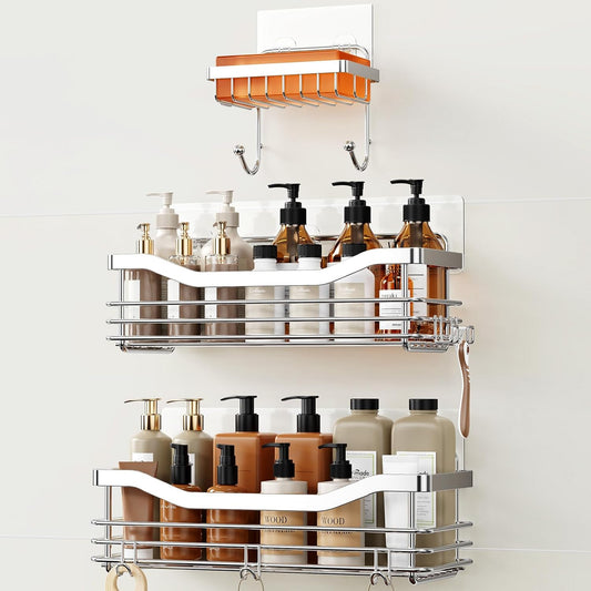 Orimade Shower Caddy Basket Shelf,3-Pack Adhesive Shower Organizer with Soap Dish Holder, No Drilling Wall Mounted Rustproof Stainless Steel Shower Shelves with 7 Hooks,for Bathroom