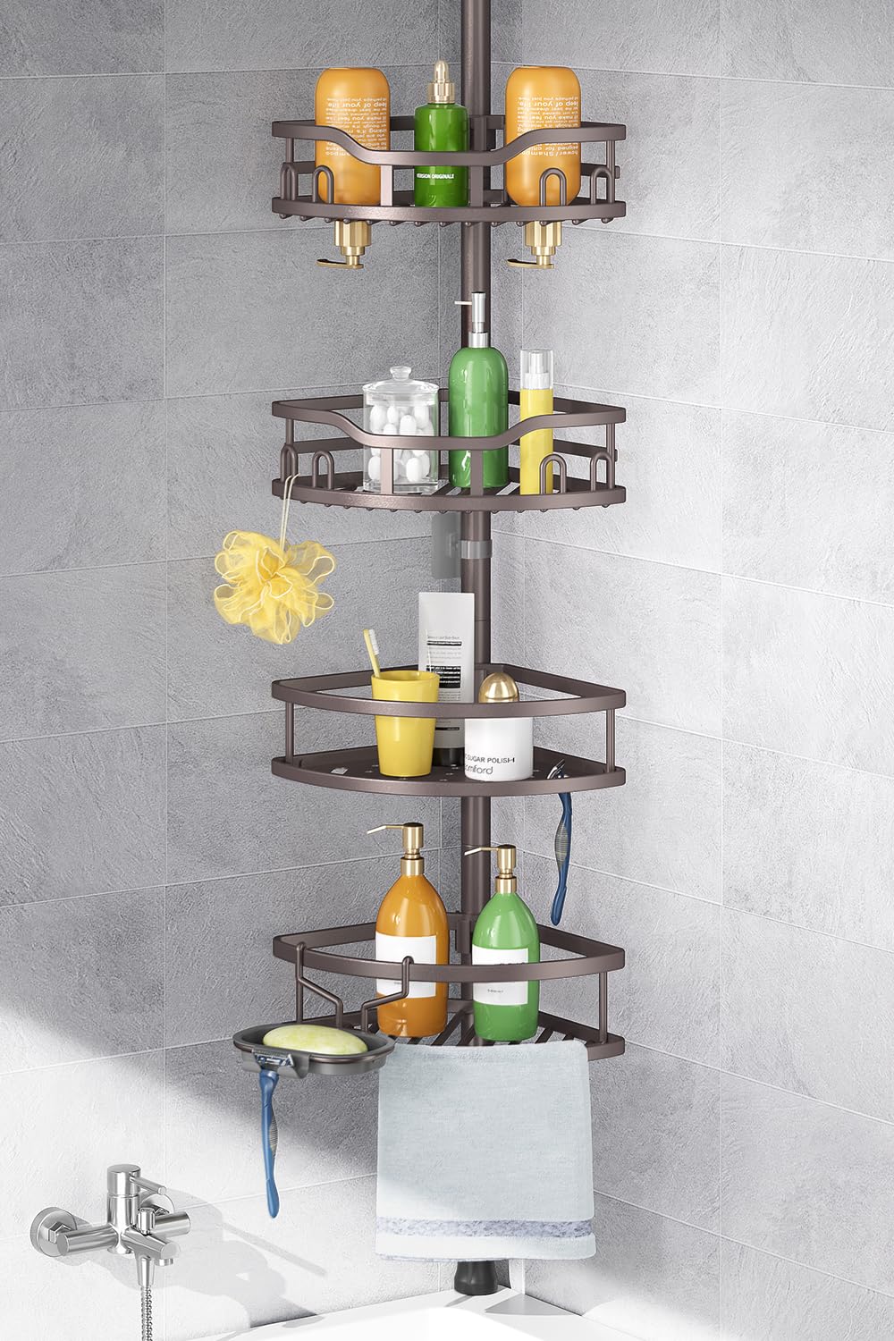 HAMITOR Corner Shower Caddy Tension Pole: Rustproof Stable 4-Tier Bathroom Organizer Shelves for Bathtub Shampoo Storage - 47-121 Inch Quick Install Adjustable Shelf with Soap Rack - Silver Gray