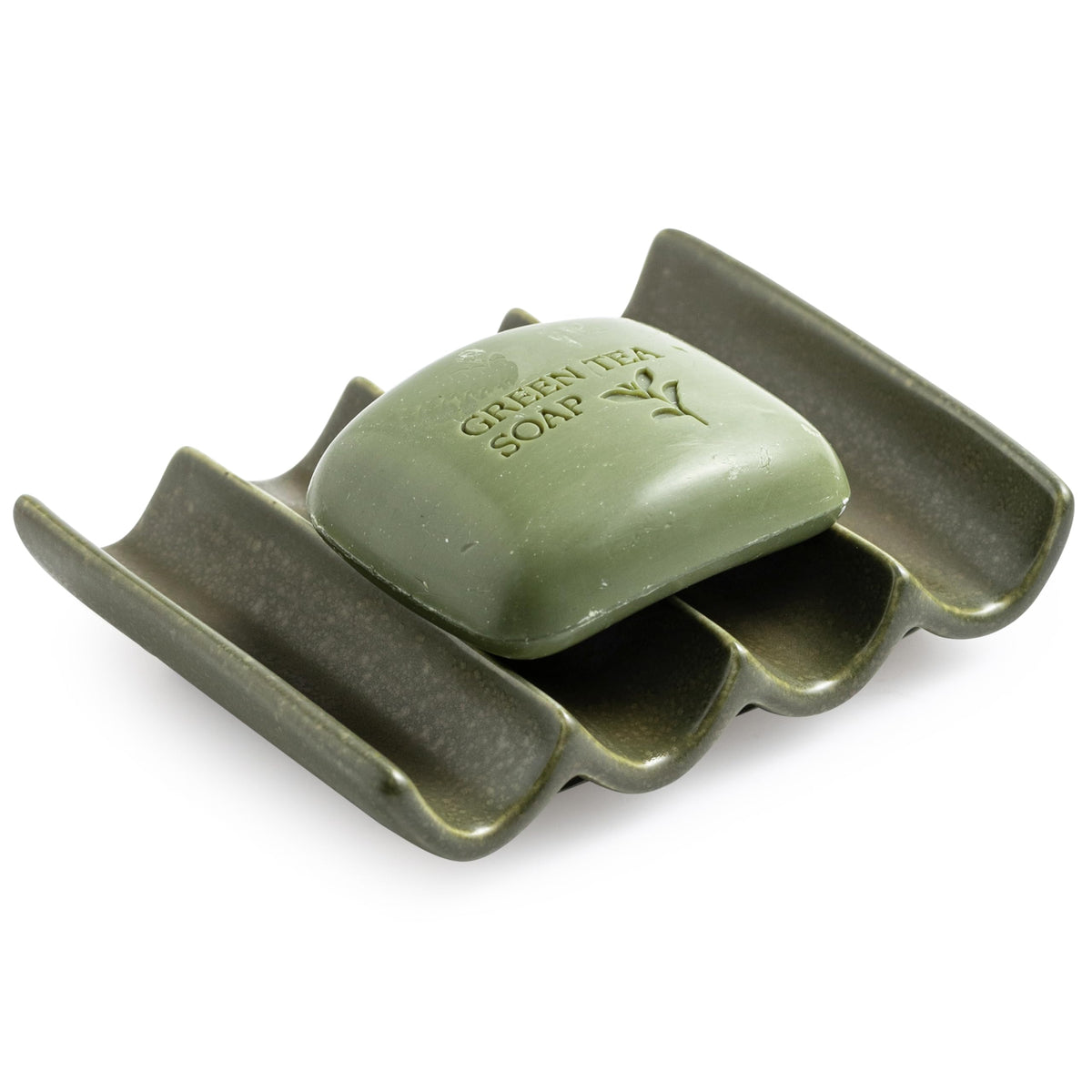 Draining Ceramic Soap Dish - Fluted Design, Bar Soap Holder for Shower & Bathroom, Soap Saver Sponge Lift, Green