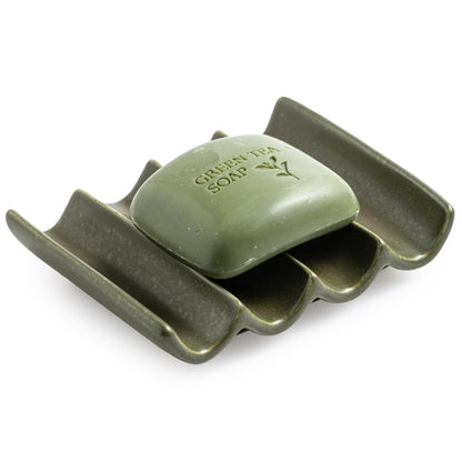 Draining Ceramic Soap Dish - Fluted Design, Bar Soap Holder for Shower & Bathroom, Soap Saver Sponge Lift, Green