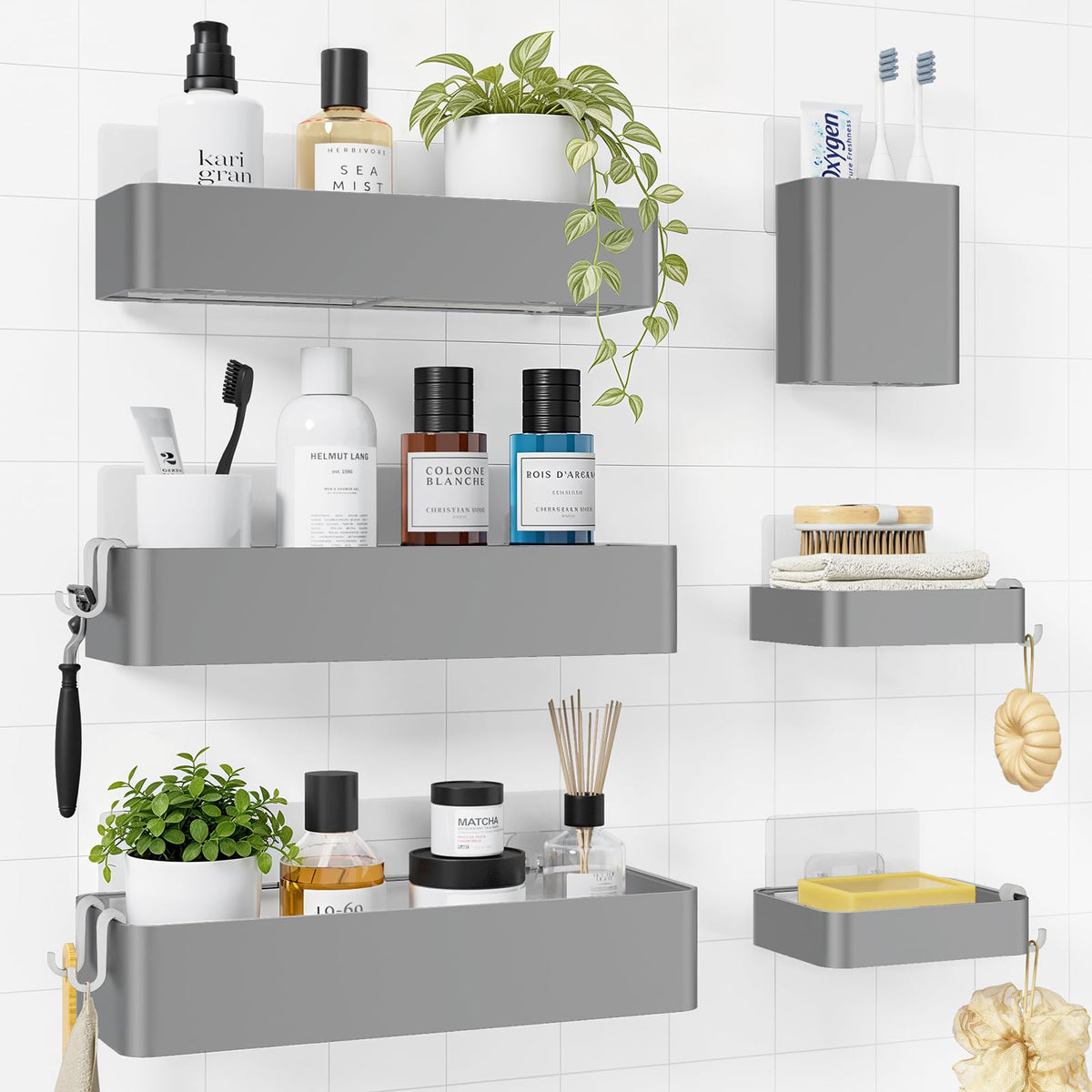 Kitsure Large Shower Caddy - Adhesive 6-Pack Bathroom Shelves, Black