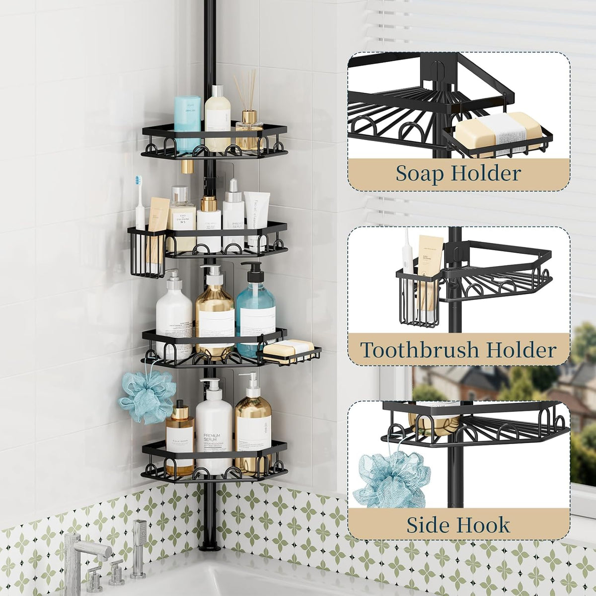 Consumest Shower Caddy Tension Pole - 4 Tier Corner Shower Shelves with Brush & Soap Holder, 304 Stainless Steel Rustproof Adjustable Organizer Rack for Bathtub, Bathroom, 27.6-108.3 Inch, Black