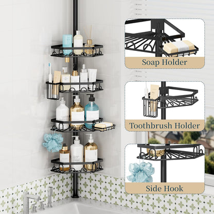 Consumest Shower Caddy Tension Pole - 4 Tier Corner Shower Shelves with Brush & Soap Holder, 304 Stainless Steel Rustproof Adjustable Organizer Rack for Bathtub, Bathroom, 27.6-108.3 Inch, Black
