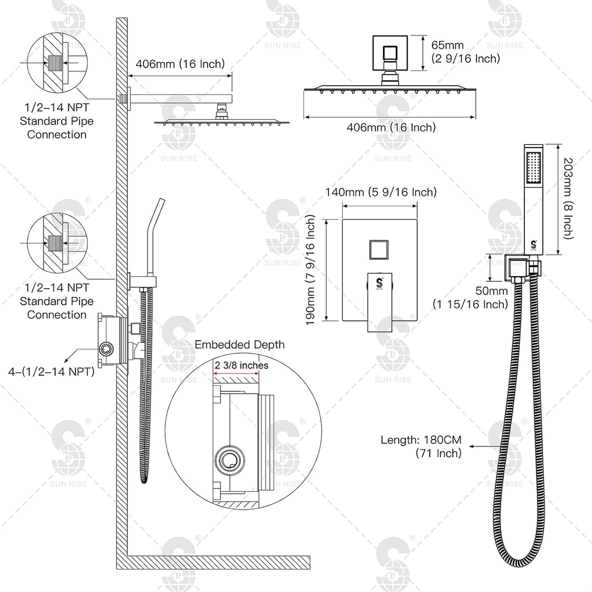 SR SUN RISE Shower Faucet Set 16-Inch Rainfall Shower Head Matte Black