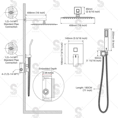 SR SUN RISE Shower Faucet Set 16-Inch Rainfall Shower Head Matte Black