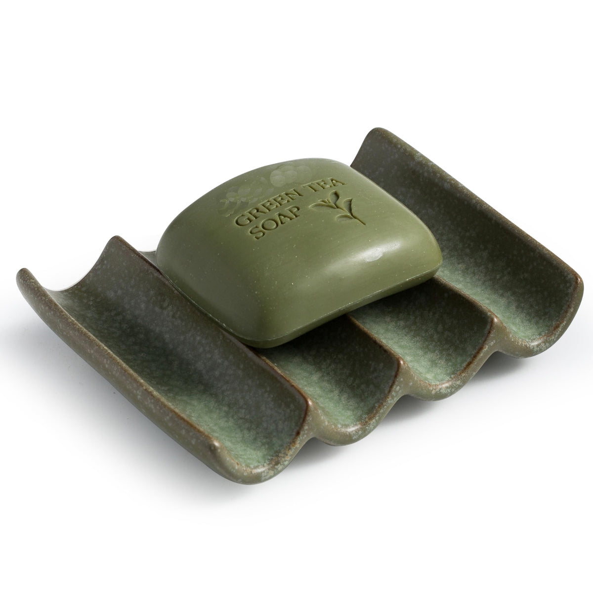 Draining Ceramic Soap Dish - Fluted Design, Bar Soap Holder for Shower & Bathroom, Soap Saver Sponge Lift, Green