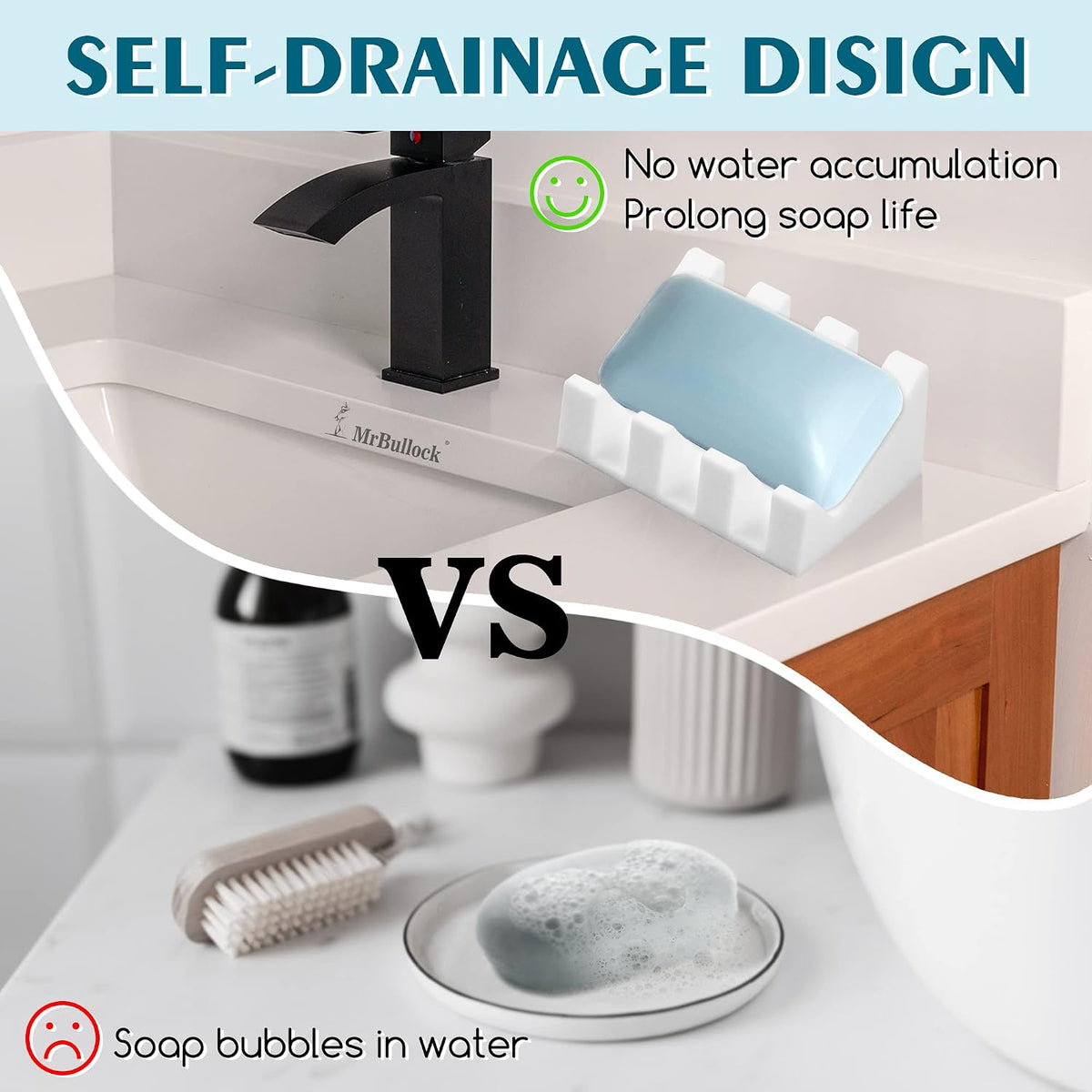 Self Draining Silicone Soap Dish Holder Waterfall Tray, 2 Pack White