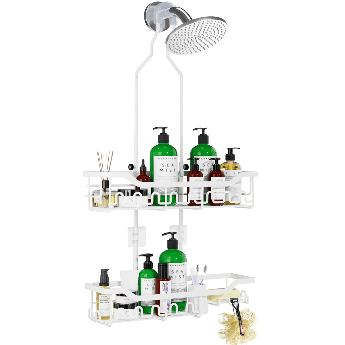 Upgraded Extended Length Shower Organizer with Hooks, Rustproof Shampoo Soap Holder, Large Hanging Bathroom Caddy