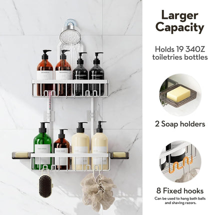 Shower Caddy Hanging, Never Rust Shower Organizer Hanging, Aluminum Shower Racks for Inside Shower with Hooks for Razor, Bathroom Organizers and Storage with Soap Holder, Bright Silver