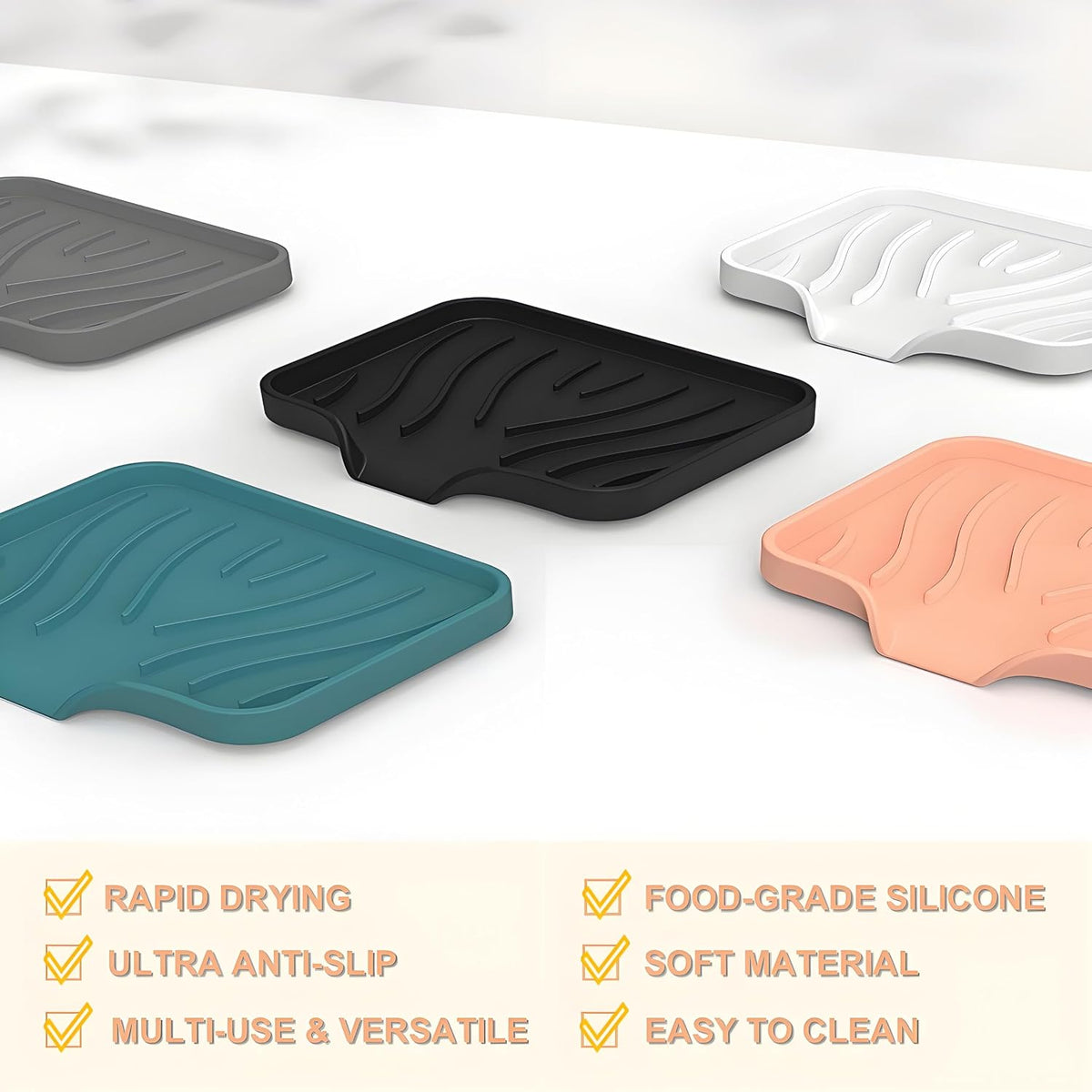 Silicone Soap Dish with Drainer, Fast Dry Kitchen Bath Black Small 2-Pack