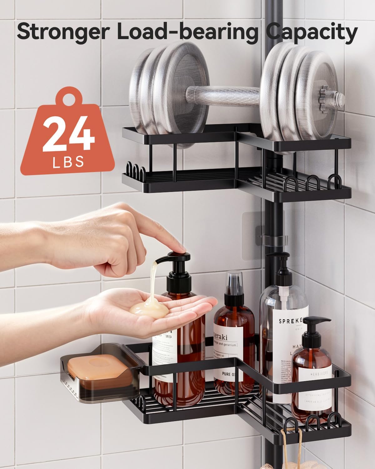 YASONIC Corner Shower Caddy Tension Pole, 25.7-109.1in Adjustable Shower Shelves, Rust-Resistant Shower Organizer, No-Drill 3-Step Installation, Bathroom Shelves for Renters & Family, Black