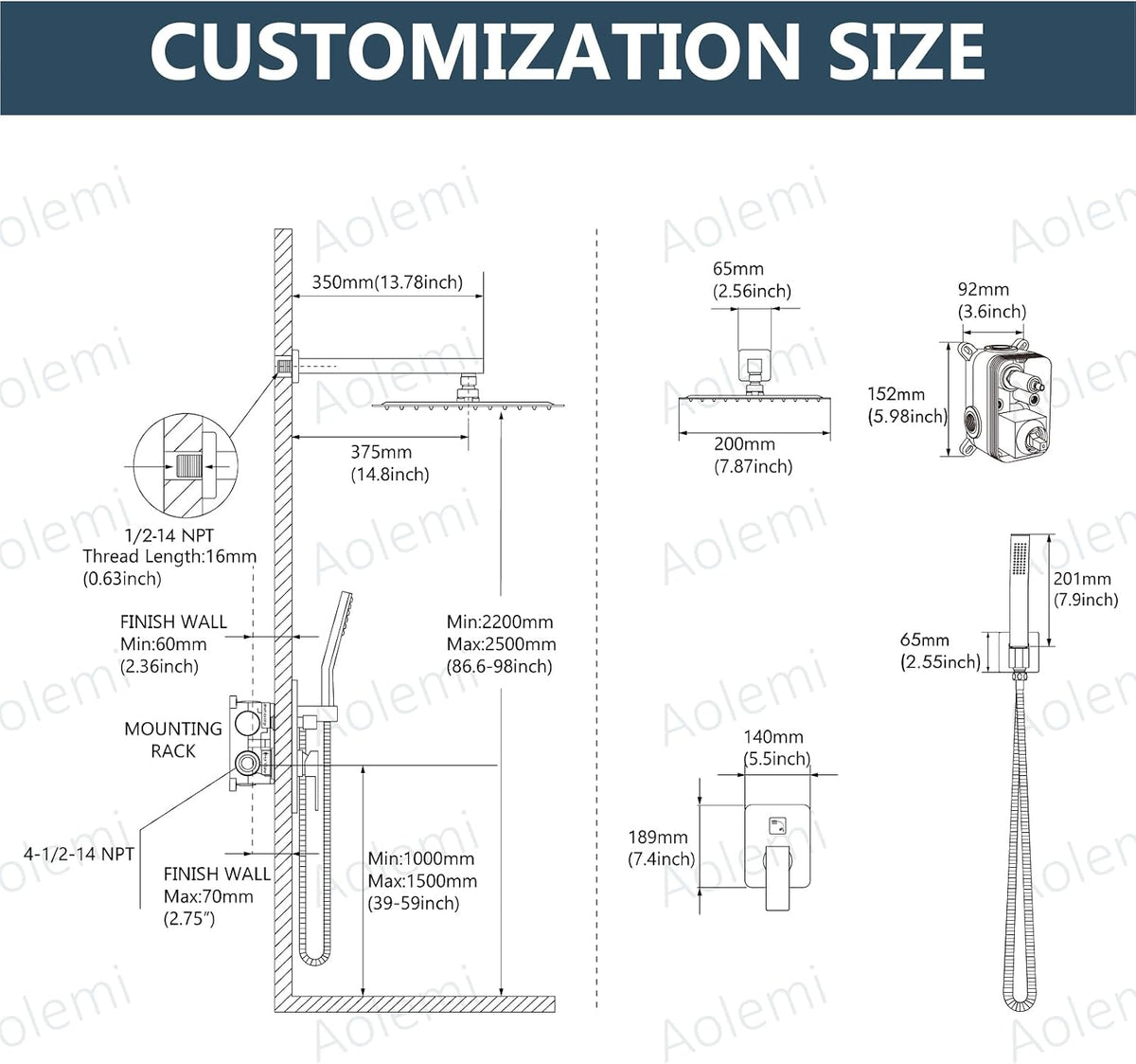 Aolemi Shower Faucet Set with Handheld Matte Black 8 Inch Head