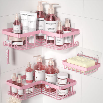 YASONIC Corner Adhesive Shower Caddy, with Soap Holder and 12 Hooks, Rustproof Stainless Steel Bathroom Organizer, No Drilling Wall Mounted Rack, Brushed Silver, 3-Pack