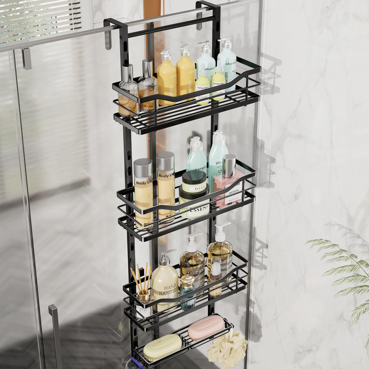 SWTYMIKI Over the Door Shower Caddy - 3 Tier Adjustable Shower Organizer Hanging with Soap Holder, No Drilling Stainless Steel Bathroom Rack Hanging for Body Wash, Shampoo, Soap, Razor, Black