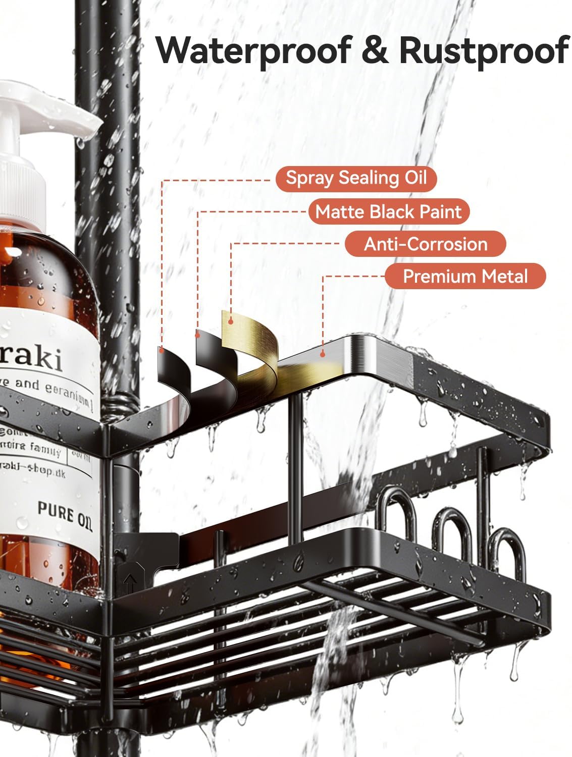 YASONIC Corner Shower Caddy Tension Pole, 25.7-109.1in Adjustable Shower Shelves, Rust-Resistant Shower Organizer, No-Drill 3-Step Installation, Bathroom Shelves for Renters & Family, Black
